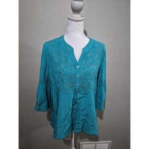 John Mark Blouse Womens Petite S Teal Embroidered Boho Tunic 3/4 Bell Sleeve Top